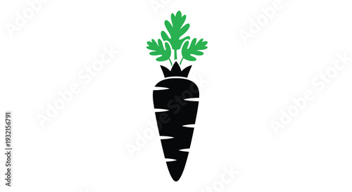 Simple black carrot icon with vibrant green leaves sprouting from the top, presented as a minimalist vegetable graphic for healthy food concepts and dietary illustrations.