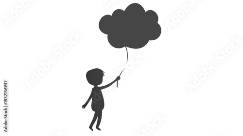 Silhouette of child holding dark thought bubble with stick