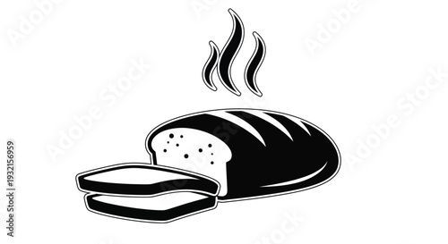 Freshly baked warm bread loaf and two slices vector illustration, in a simple black and white design, with steam rising, perfect for food-related projects and icons.