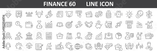 Finance Thin Line Icon Set – Saving, Spending, Bank and Profit Money Outline Symbols,Payments elements, budget, loan, bank, deposit, money, profit, piggy bank vector illustration.
