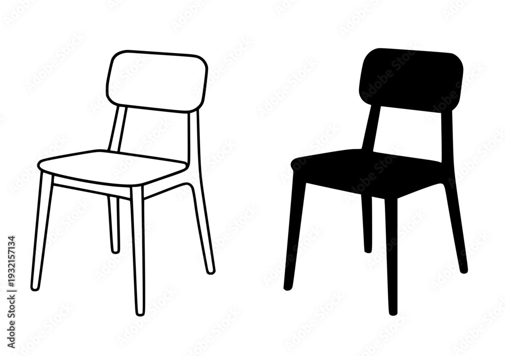 Fototapeta premium Minimalist chair icon, black and white, in outline and silhouette design style