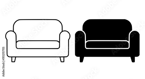 Minimalist couch icon, black and white, in outline and silhouette design style