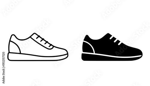 Minimalist shoe icon, black and white, in outline and silhouette design style