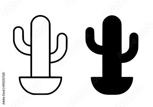 Minimalist cactus icon, black and white, in outline and silhouette design style