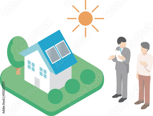 Family and Staff Discussing a House with Solar Panels. Isometric Illustration for Solar Power, ZEH, and Real Estate Sales
