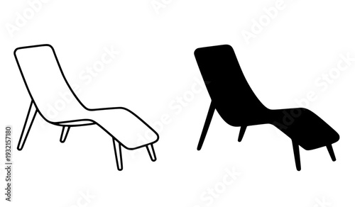 Minimalist icon of a lounge chair, black and white, in outline and silhouette design style.