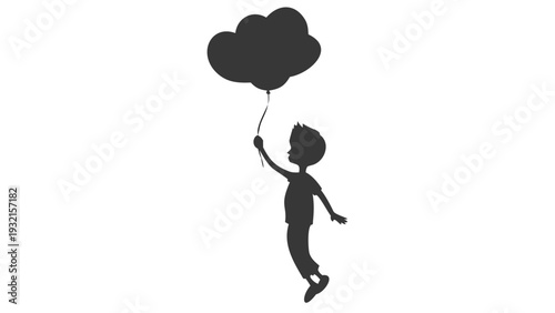Silhouette of a joyful child flying with a cloud shaped balloon