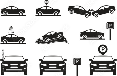 Car Parking and Driving Icon Set – Auto, Accident, Wash and Road Symbols Vector EPS