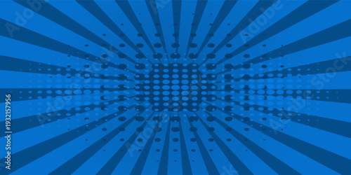 Blue comic zoom background with halftone dots and radial sunburst rays. vector illustration