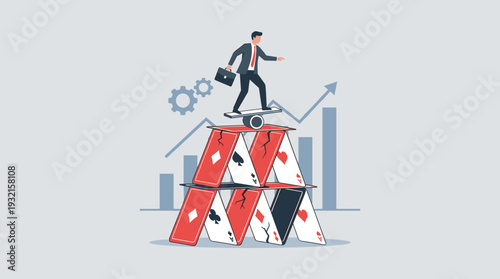 Businessman Balancing on a Precarious House of Cards with Cracks, Representing Financial Risk, Economic Instability, and Fragile Business Foundation Amidst Market Growth and Corporate Challenges
