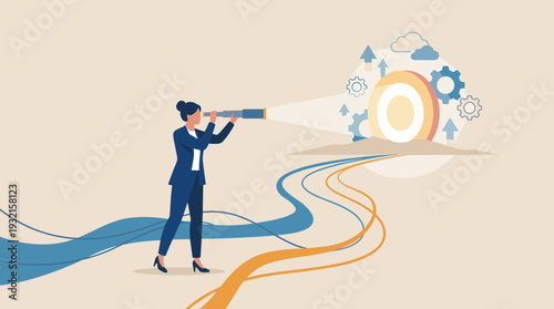 Businesswoman Looking Through Telescope to See Future Opportunities and Success. Concept of Visionary Leadership, Strategic Planning, Career Growth, and Achieving Business Goals with Foresight.