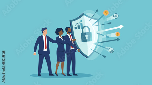 Diverse Business Team Holding a Large Glowing Shield with Padlock to Deflect Financial Arrows and Market Volatility, Representing Corporate Risk Management, Data Security, and Professional Teamwork