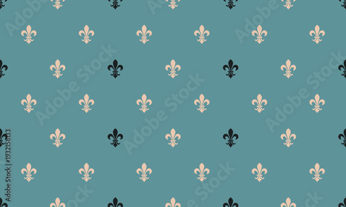 Elegant fleurdelis pattern in beige and black on a teal background.  Perfect for website banners, textile designs, or adding a touch of regal sophistication to your projects.