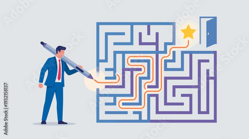 Businessman in suit holding a giant pen drawing a glowing orange path through a complex blue maze to reach a gold star and an open door, concept of business solution, strategy, and success.