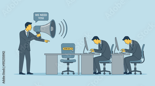 Businessman Holding Megaphone with We Need You Message for Recruitment and Hiring Concept, Professional Office Scene with Empty Chair and Join Us Button for Talent Acquisition Vector