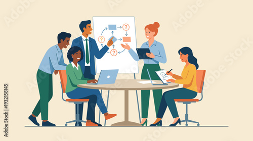Business team collaborating in a modern office, brainstorming solutions on a whiteboard with flowcharts and question marks, using laptops and tablets for project management and strategy planning.