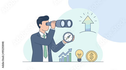 Businessman looking through binoculars and holding a compass for strategic direction, finding new investment opportunities, market research, business growth, vision, and leadership concept.