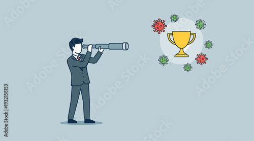 Businessman in suit looking through a telescope at a gold trophy cup surrounded by virus pathogens, representing strategic vision, success, and overcoming challenges during a global pandemic.