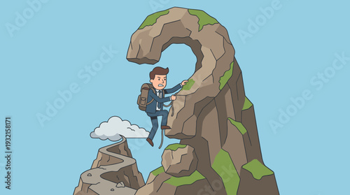 Determined businessman climbing a rocky mountain in the shape of a question mark, symbolizing career uncertainty, professional challenges, problem solving, and the difficult journey to success.