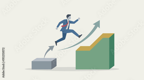Ambitious businessman jumping from a low platform to a higher staircase, symbolizing career advancement, strategic growth, changing paths to success, and professional progress illustration.