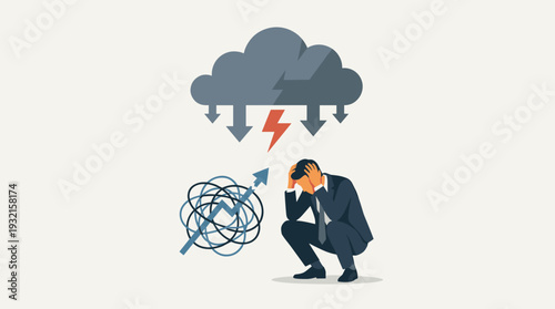 Stressed Businessman Crouching Under Dark Storm Cloud with Lightning and Downward Arrows, Concept of Professional Burnout, Financial Crisis, Mental Health Struggle, and Business Failure Vector
