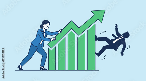 Determined businesswoman pushing a rising green growth chart arrow to knock a male competitor off, symbolizing business rivalry, market leadership, career success, and eliminating competition.
