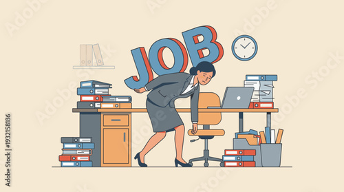 Stressed Businesswoman Carrying Heavy Word Job on Her Back in Office, Concept of Work Overload, Burnout, and Exhaustion, Tired Employee Struggling with Huge Workload and Professional Pressure.