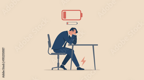 Exhausted Businessman Sitting at Desk with Low Battery Icon Above Head, Concept of Burnout, Work Stress, Fatigue, Mental Health, and Lack of Energy in Corporate Office, Flat Vector Illustration