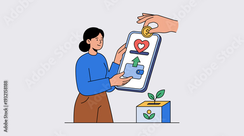 Online Charity Donation Concept with Woman Holding Smartphone and Hand Putting Coin into Screen, Digital Philanthropy and Crowdfunding Illustration for Social Support, Community Help and Giving.