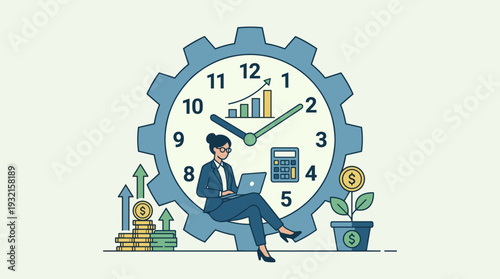 Businesswoman working on laptop sitting on gear clock with financial growth icons, coins, and bar charts. Concept of time is money, productivity, investment, and revenue management strategy.