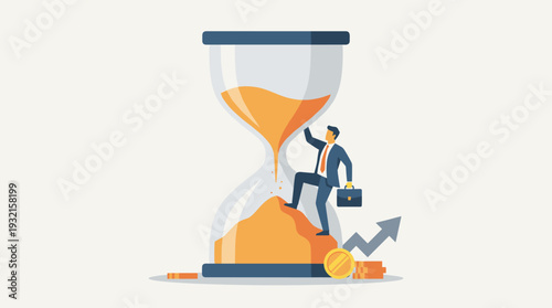 Businessman in a suit climbing up a pile of sand inside a giant hourglass, representing time management, deadlines, pressure, and the struggle for financial success, career growth, and wealth.