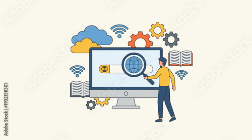 Simple flat vector illustration of a person conducting an online search on a desktop computer, featuring a magnifying glass, globe, search bar, clouds, gears, Wi-Fi signals, and open books.