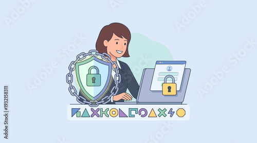 Cyber security concept with businesswoman using laptop protected by strong password and encryption, featuring a shield with padlock and chain for maximum data safety and account protection.