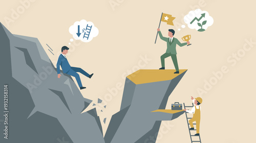 Conceptual Illustration of Business Success vs Failure with a Businessman Falling Down a Cliff and a Successful Leader Holding a Trophy on a Peak, Career Growth, Competition, and Resilience