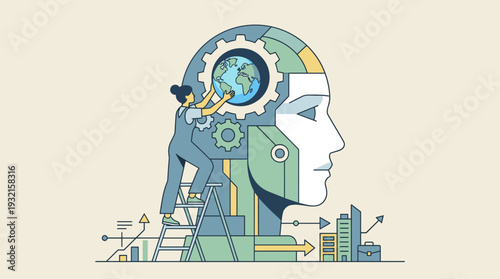 Woman on a ladder placing a globe inside a giant robotic head with gears, representing global thinking, artificial intelligence, innovation, and human-machine collaboration for a better future.