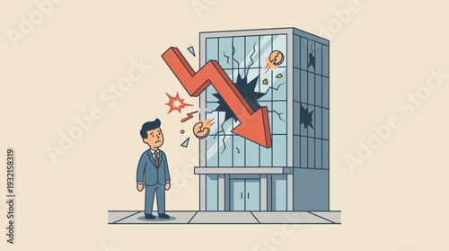 Businessman in suit watching a big red downward arrow smash through a corporate building window, symbolizing economic recession, financial failure, stock market crash, and business crisis.