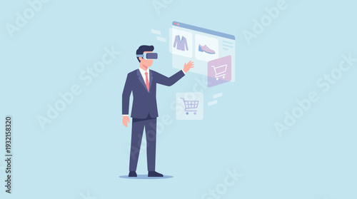 Businessman Wearing VR Headset for Virtual Reality Online Shopping Experience, Flat Vector Illustration of Futuristic E-commerce Concept with Digital Interface, Shopping Carts and Metaverse Retail