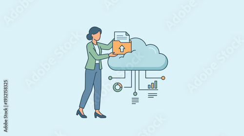 Businesswoman uploading document folder to cloud storage for data management and online backup. Concept of internet hosting, cloud computing technology, digital transformation, and data analysis.