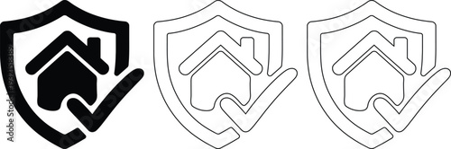 Shield and house with check mark icons in black and white for security concepts