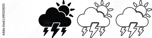 Weather forecast icons with sun and cloud with lightning  various styles