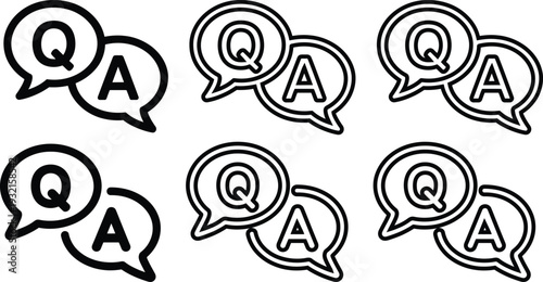 Black and white QA speech bubbles icons set for questions and answers