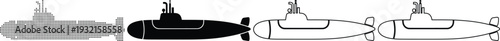 Four different submarine illustrations in various design styles and colors side by side