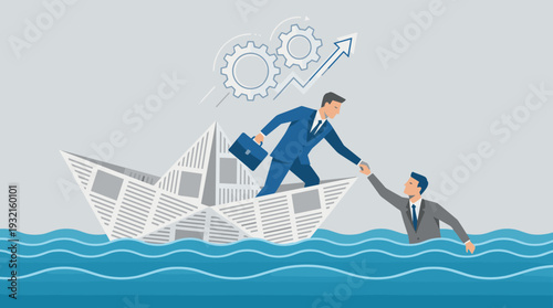 Businessman on a Newspaper Boat Helping a Drowning Colleague in the Sea, Concept of Business Teamwork, Support, Leadership, Crisis Management, Cooperation, Success, and Professional Growth