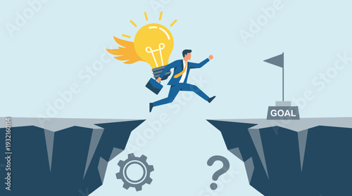 Businessman jumping over a gap with a winged lightbulb idea to reach his goal. Creative solution for business success, overcoming obstacles, and innovative problem solving vector illustration.