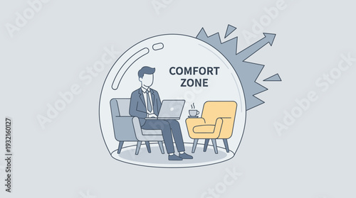 Businessman in a suit sitting in an armchair with a laptop inside a protective bubble labeled Comfort Zone, concept of staying in a safe space versus personal growth and professional challenge.