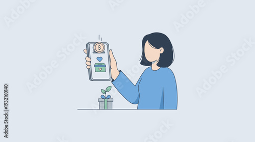 Woman Making Online Charity Donation Using Smartphone App, Putting Gold Coin into Digital Donation Box with Heart Icon, Concept of Philanthropy, Social Responsibility, and Mobile Crowdfunding