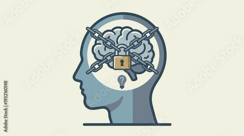 Conceptual vector illustration of a human head with a brain bound by metal chains and a padlock, symbolizing a fixed mindset, mental block, psychological barriers, and restricted creativity.