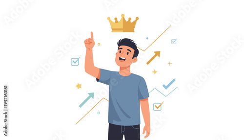 Positive Self Esteem and Success Concept with a Confident Man Pointing to a Golden Crown Above His Head. Vector Illustration of Leadership, Achievement, and Personal Growth with Data Charts.