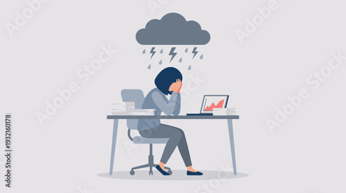 Overwhelmed office worker woman sitting at desk with head in hands under a dark storm cloud with lightning and rain, representing burnout, depression, mental health issues, and work stress.