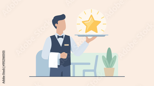 Professional waiter carrying a shining golden star on a silver tray, symbolizing premium quality service, luxury hospitality, five-star rating, excellence, and top-tier customer satisfaction.